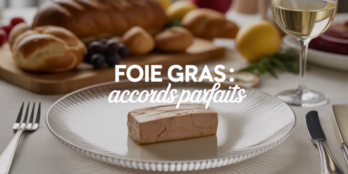 Table élégante avec foie gras, pains, fruits et vin blanc