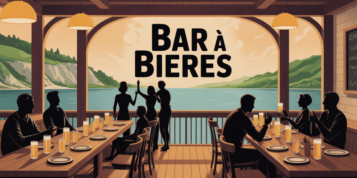 Bar à bières ambiance boisée conviviale grandes tables verres bière