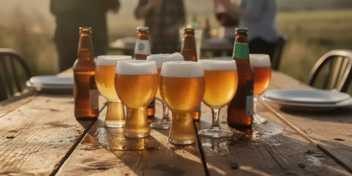 Verres biere artisanale table bois ambiance conviviale