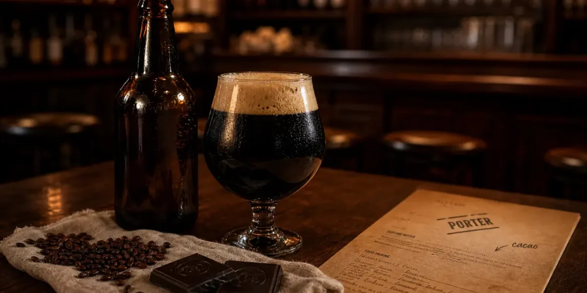 Bière porter brune en verre tulipe, mousse beige et malt chocolat