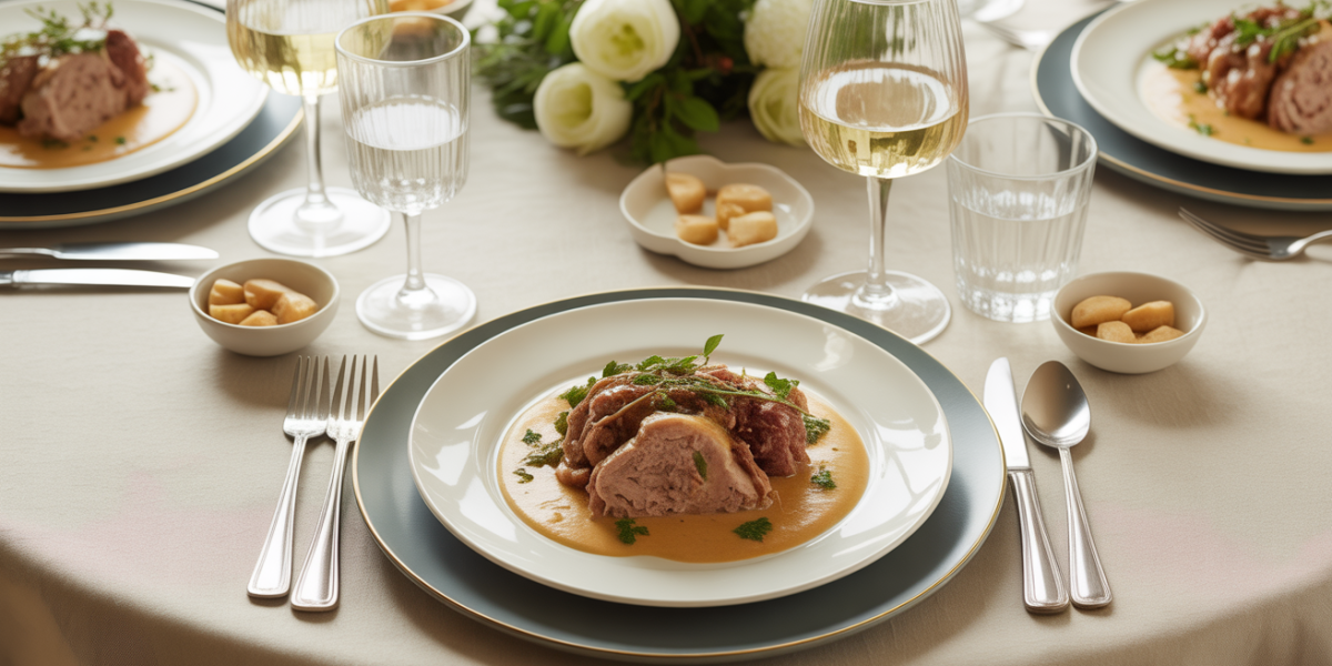 Blanquette de veau sauce crème et vin blanc sur table de fête