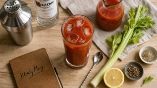 Bloody Mary recette : verre avec vodka, jus de tomate, céleri, citron et glaçons