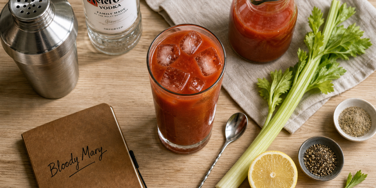 Bloody Mary recette : verre avec vodka, jus de tomate, céleri, citron et glaçons