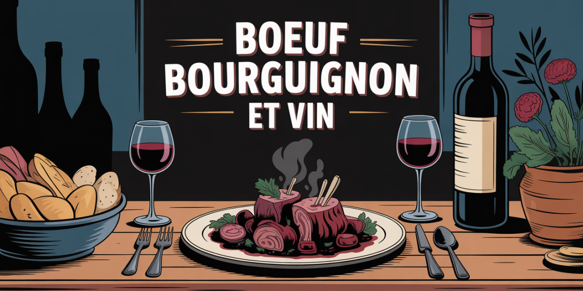 Boeuf bourguignon sur table rustique avec vin rouge