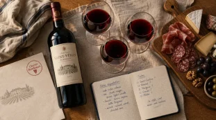 Bouteille bordeaux sur table avec verres et fromage, budget et format