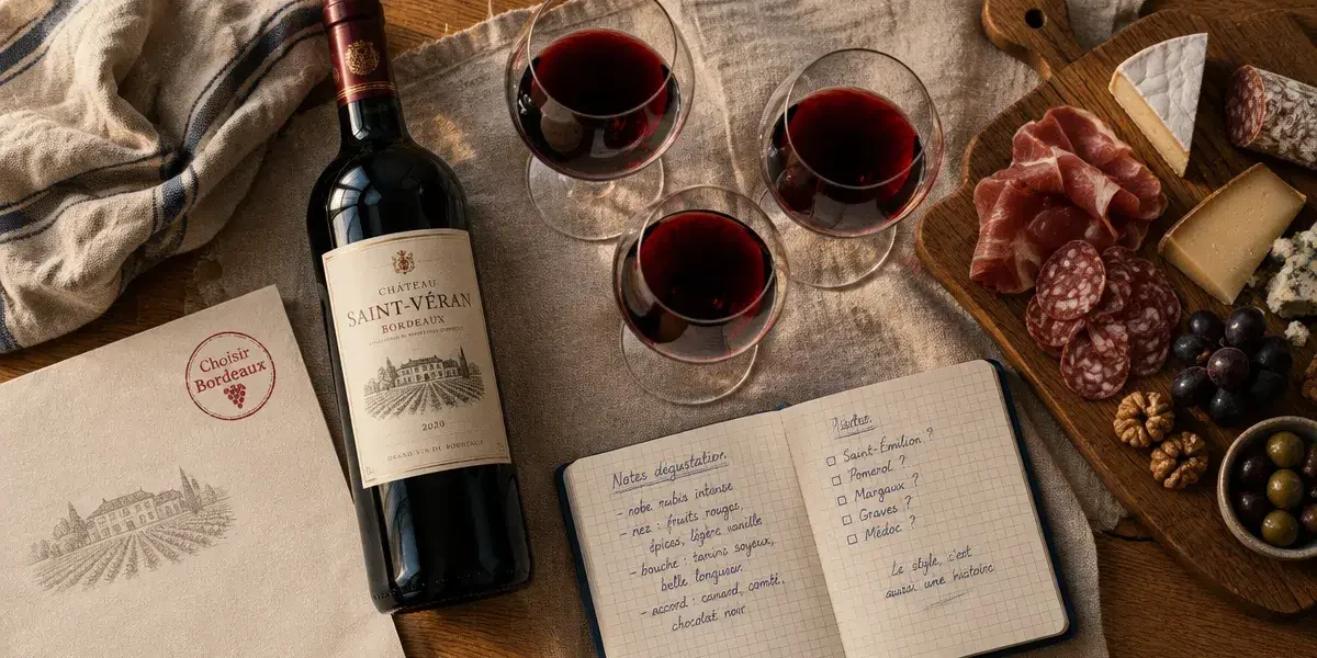 Bouteille bordeaux sur table avec verres et fromage, budget et format
