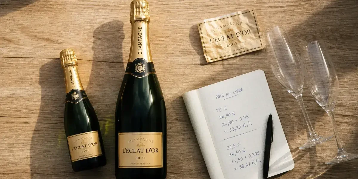 Bouteille de champagne 75 cl : bon format et dosage, calcul prix au litre