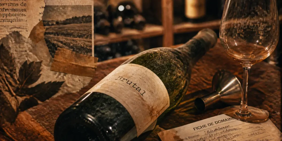 Brutal vin nature en cave, bouteille et étiquette sauvage