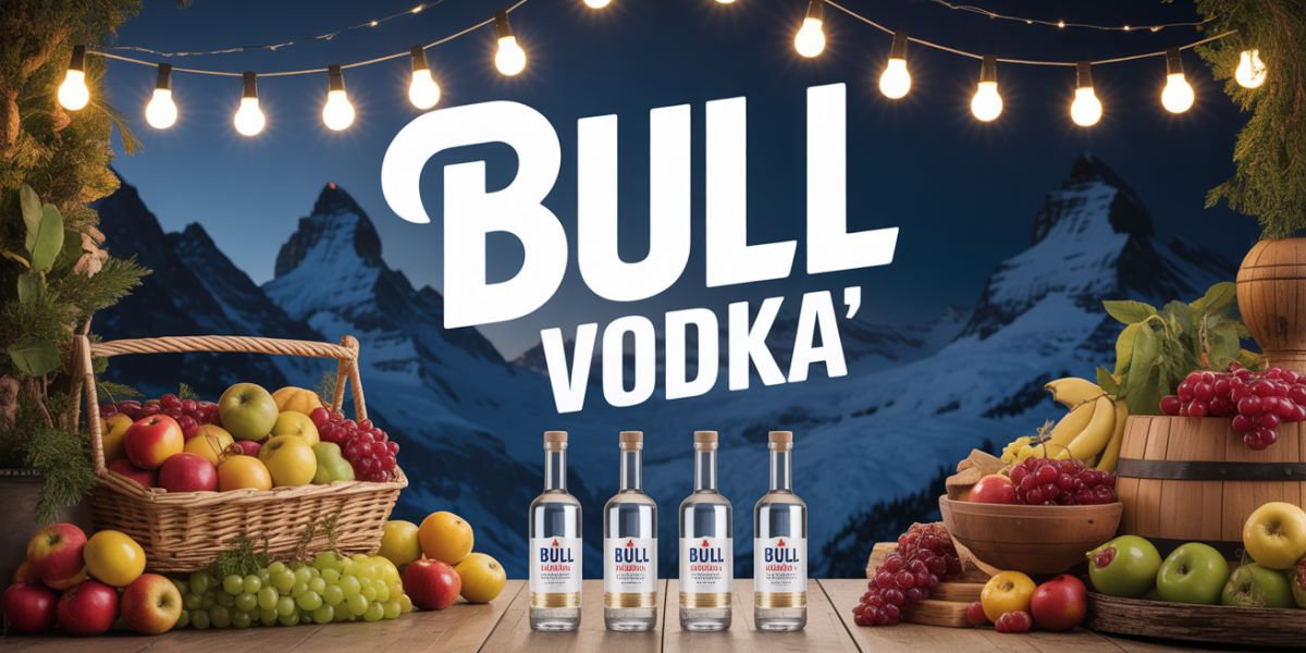 Bull Vodka décor alpin, bouteilles colorées, panier de fruits, ambiance festive
