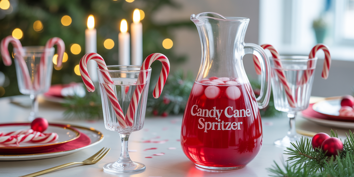 Gros plan Candy Cane Spritzer, verres rebords rouges blancs, ambiance élégante