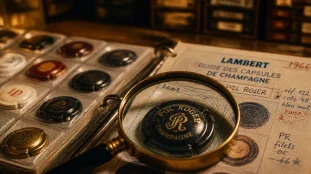 Capsule de champagne les plus rechercher : capsules rares anciennes sur table bois avec loupe
