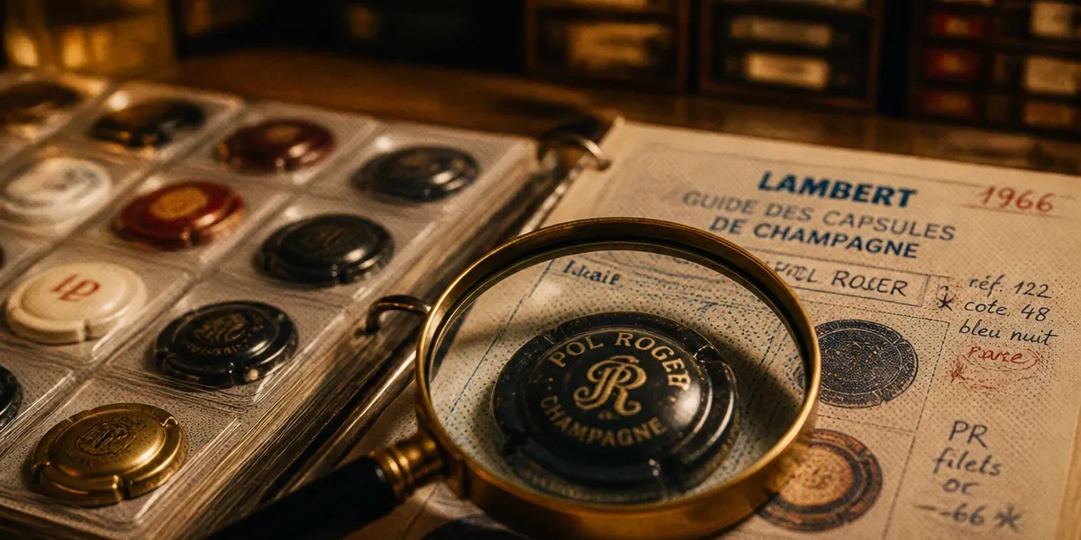 Capsule de champagne les plus rechercher : capsules rares anciennes sur table bois avec loupe