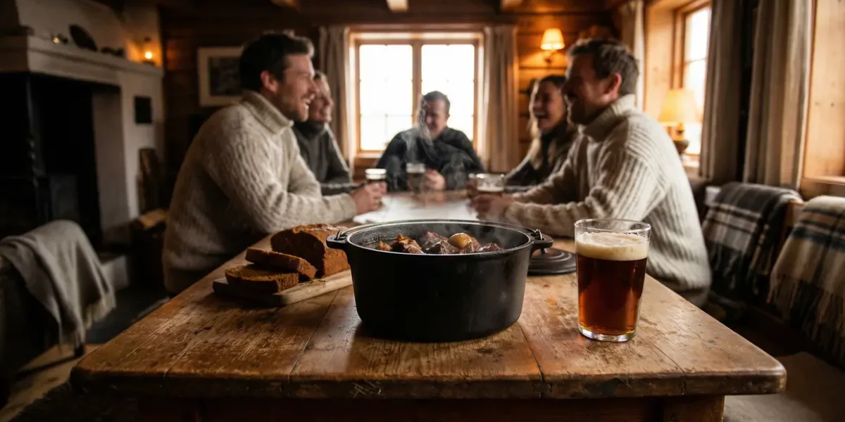 carbonade flamande servie sur table rustique ambiance hiver