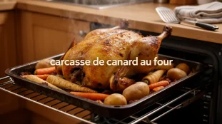 carcasse de canard au four, legumes racines, peau doree