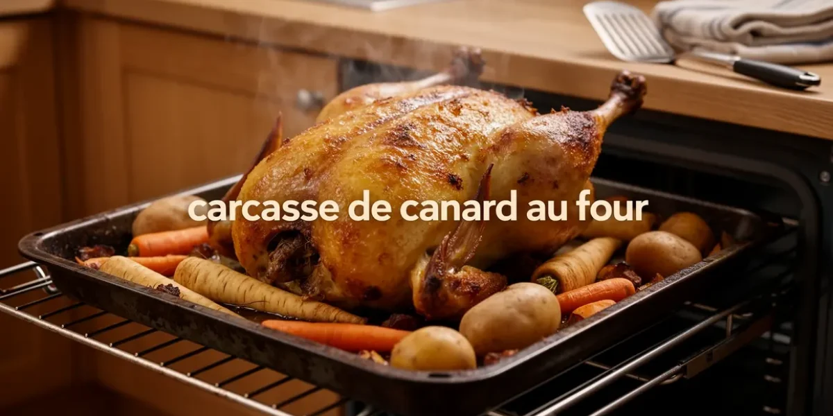 carcasse de canard au four, legumes racines, peau doree
