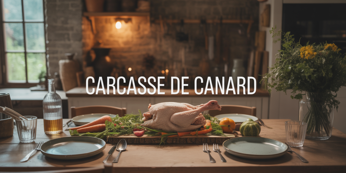 carcasse de canard et légumes sur grande table rustique