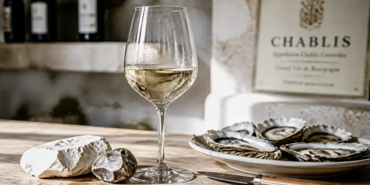 Chablis vin blanc frais et minéral, verre avec craie et huîtres