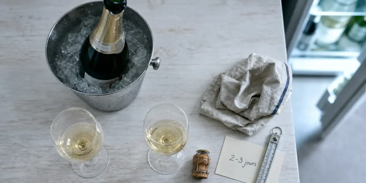 Champagne au frigo combien de temps : 2 à 3 jours ouvert, seau à glace et verres