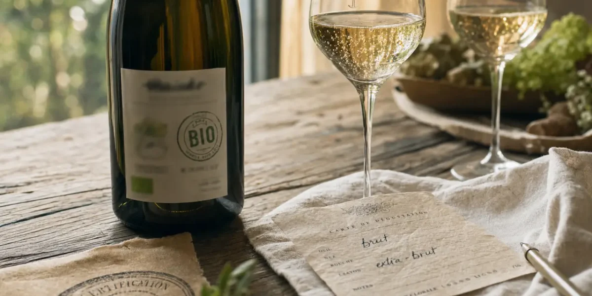 Champagne bio : lecture étiquette et dosage sur la table, bulles fines