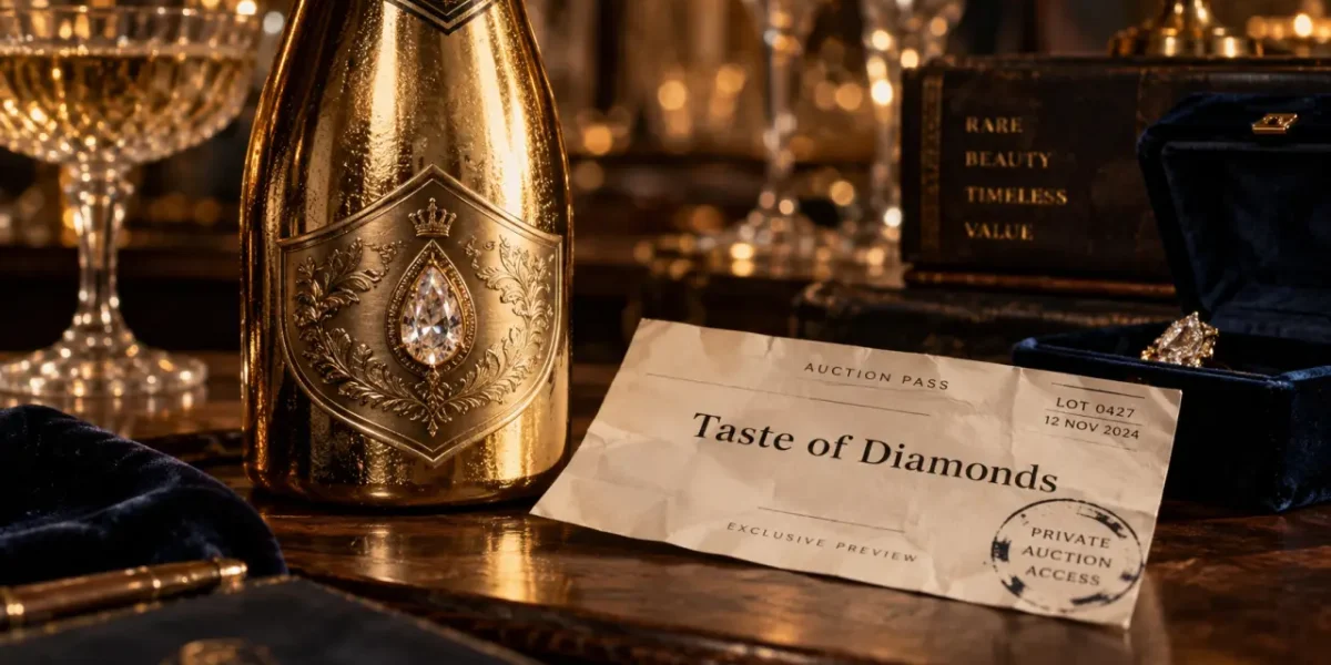 Champagne chere : bouteille de collection, coffret velours et étiquette diamants