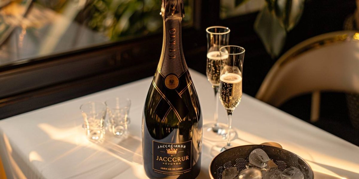 champagne : bouteille de Champagne Jacquart avec verre élégant