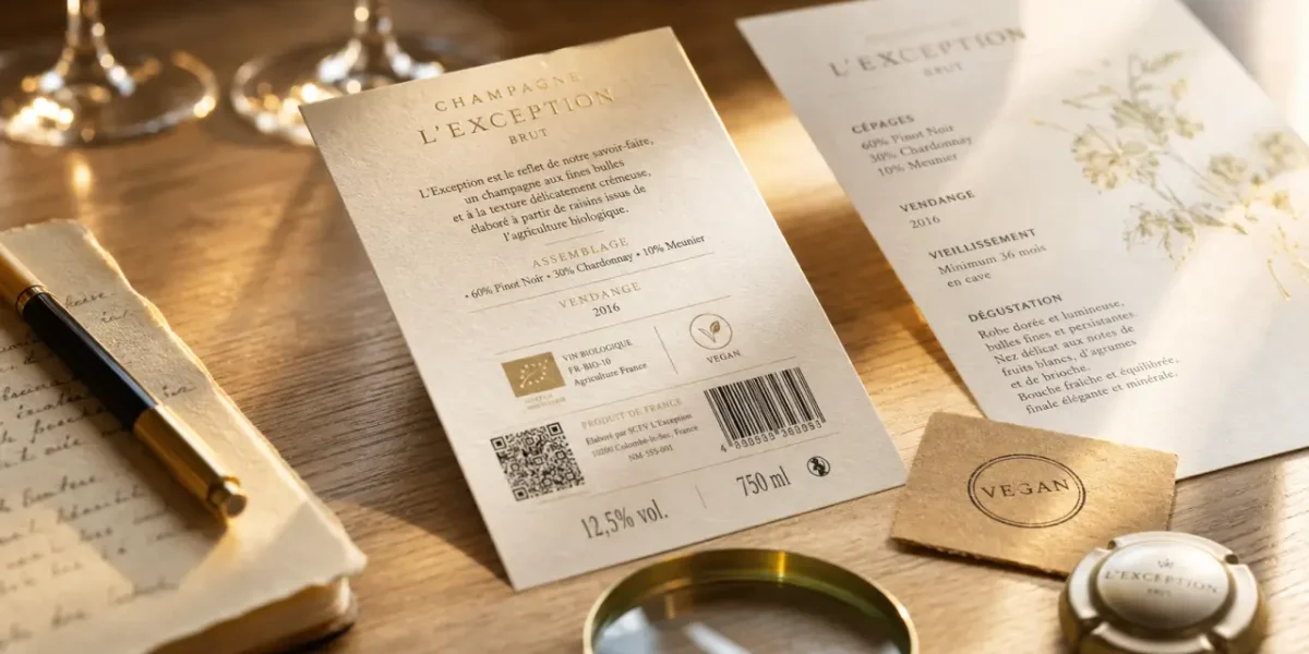 Champagne vegan : vérifier le label sur une bouteille de champagne