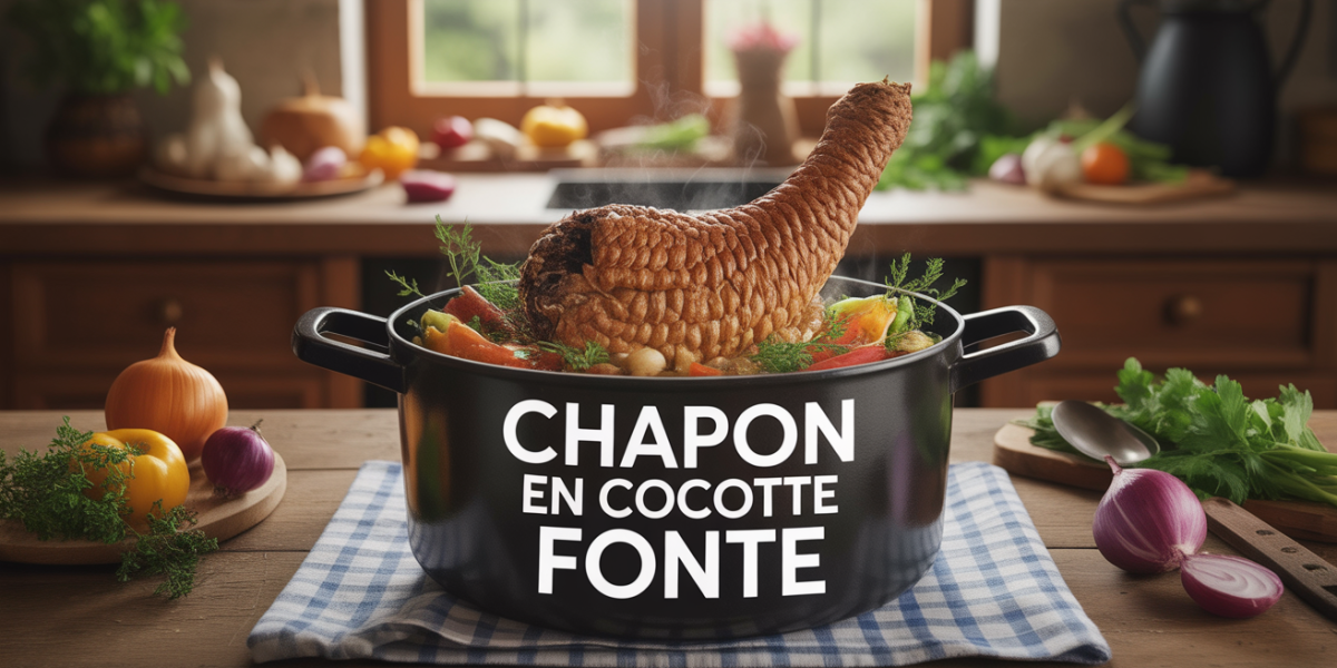 chapon en cocotte fonte doré entouré de légumes rustiques vapeur