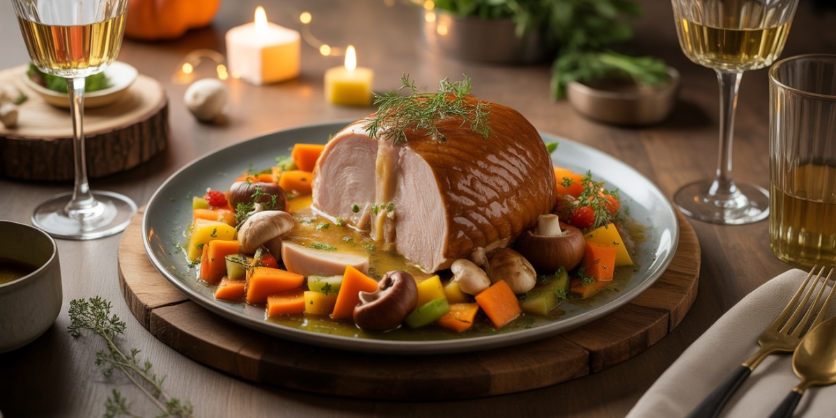 Plat de chapon au vin jaune avec legumes festifs