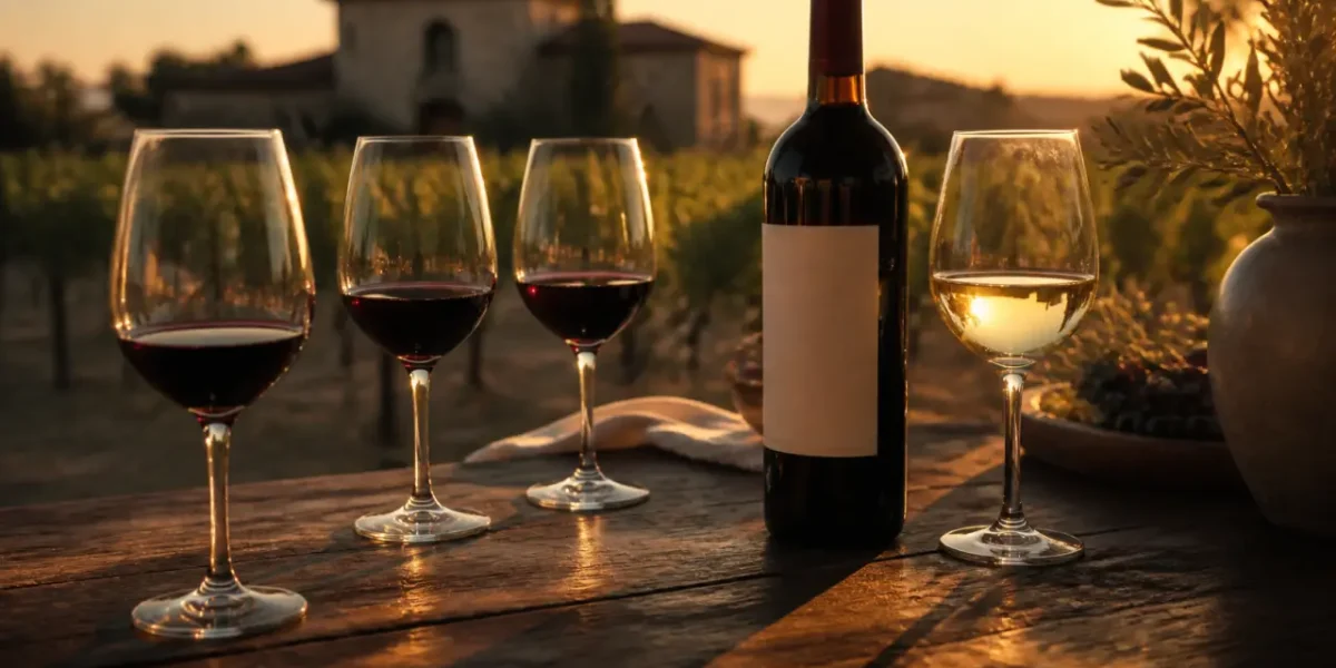 Cheval blanc vin, dégustation : verre et bouteille au soleil couchant