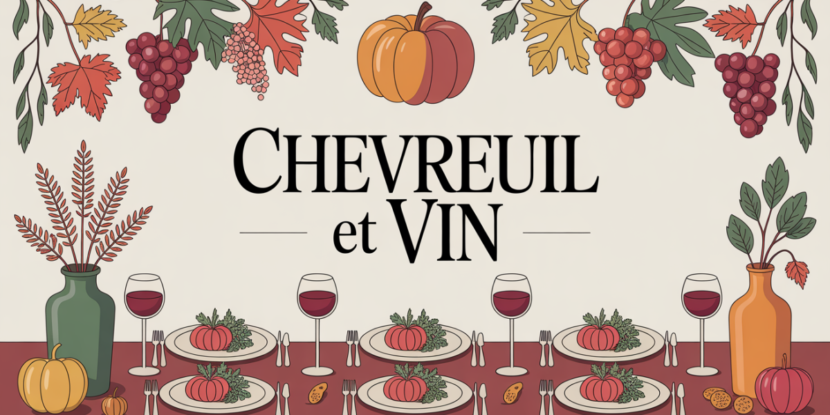 Table automnale avec plats de chevreuil et verres de vin rouge