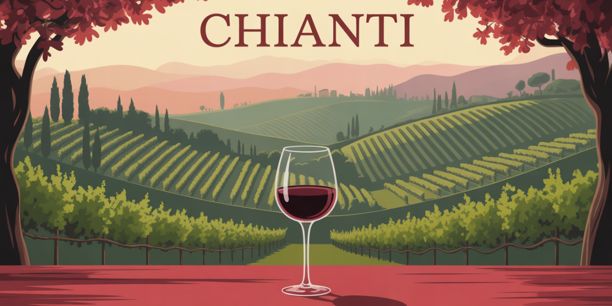 Vue stylisée collines Chianti vin rouge soirée
