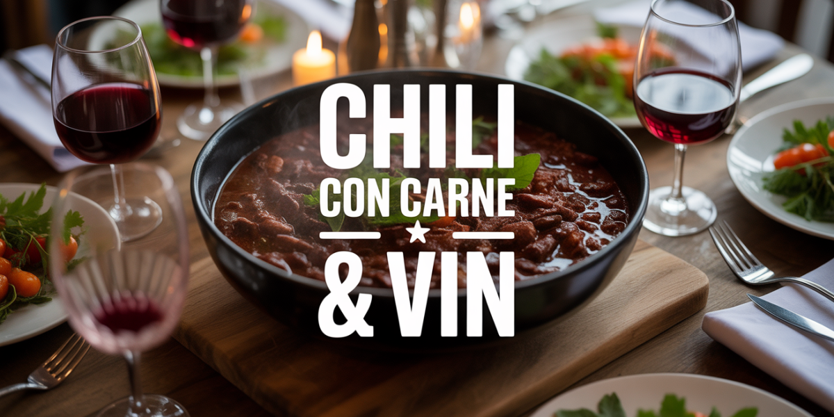 table conviviale avec chili con carne, verres de vin rouge