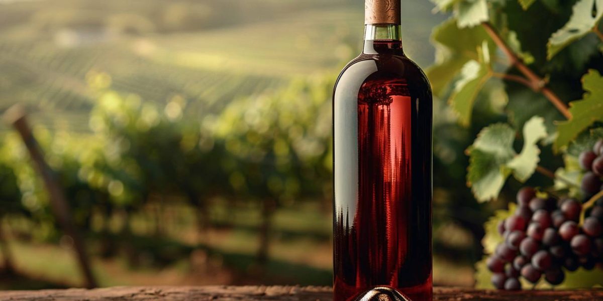 vin de Bourgogne : bouteille de vin rouge de Bourgogne avec vignoble en arrière-plan