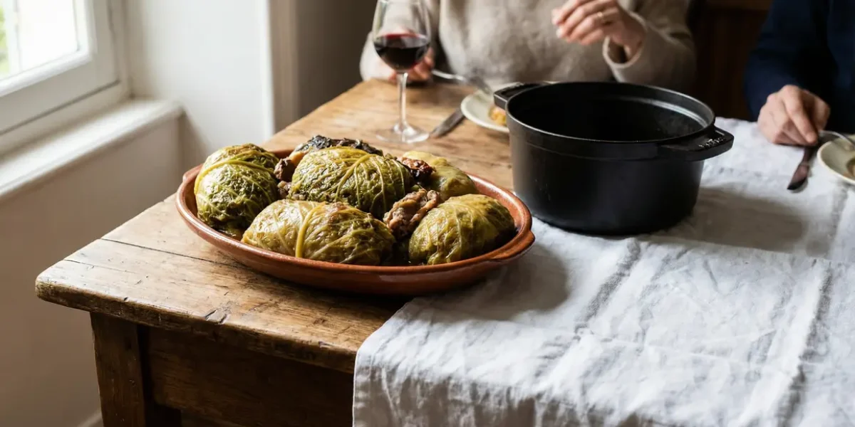 chou farci maison servi avec vin rouge