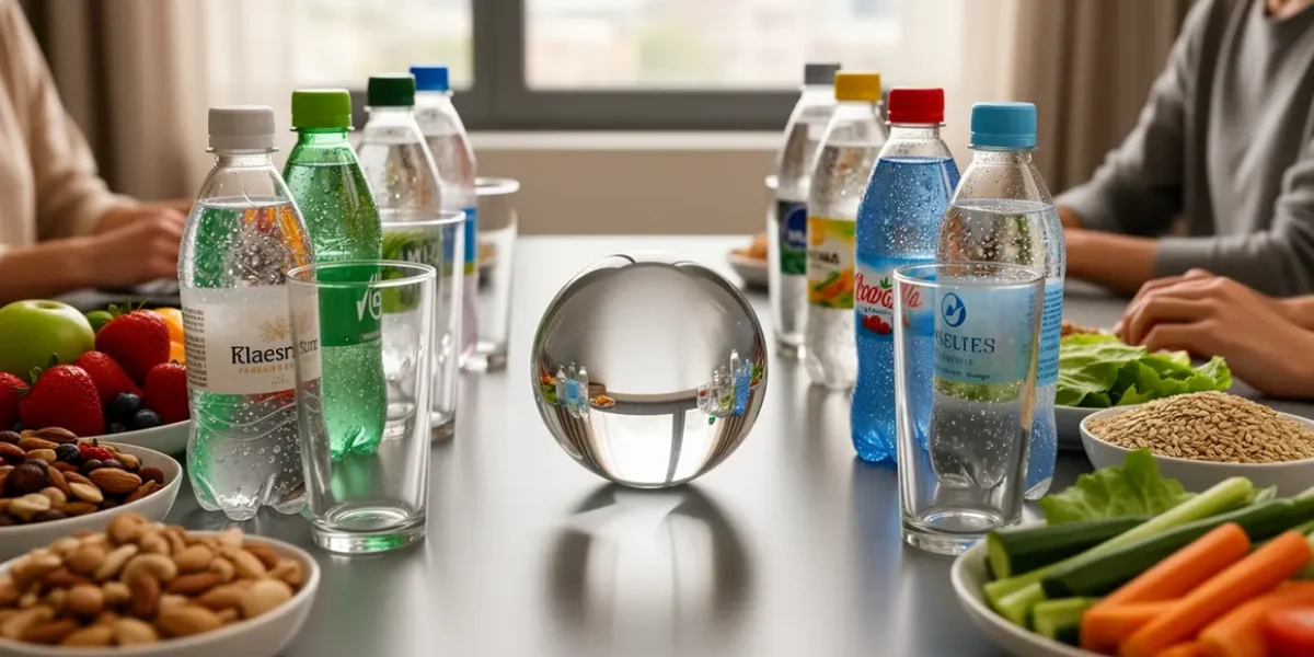 Bouteilles d'eaux gazeuses faibles en sel sur table moderne