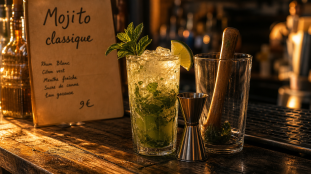 Cocktail classique Mojito : verre glacé, menthe fraîche et citron vert