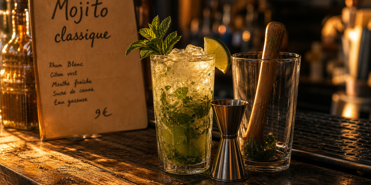 Cocktail classique Mojito : verre glacé, menthe fraîche et citron vert