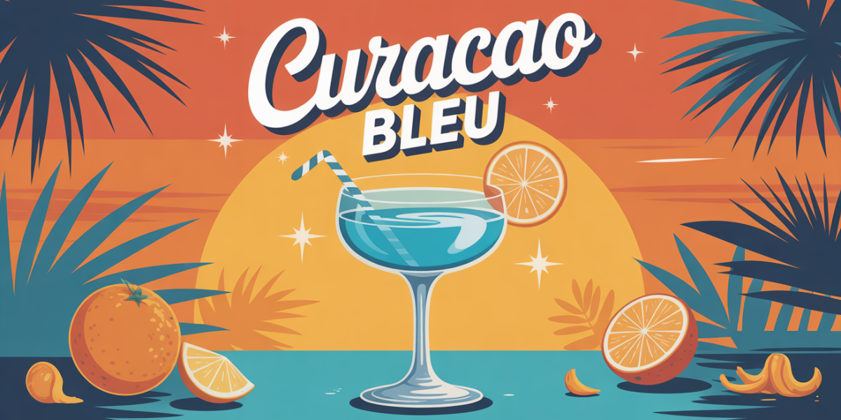 verre cocktail curacao bleu fond palmiers oranges