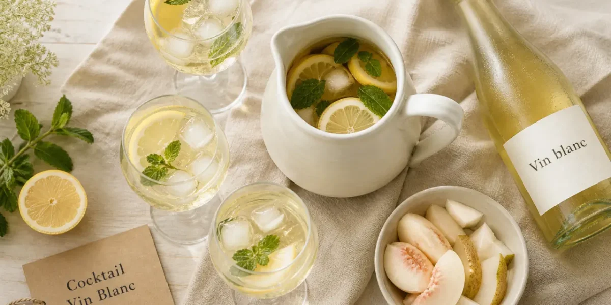 Cocktail vin blanc frais avec citron et menthe, spritz glacé
