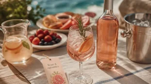 Cocktail vin rosé spritz rosé aux agrumes sur table Riviera
