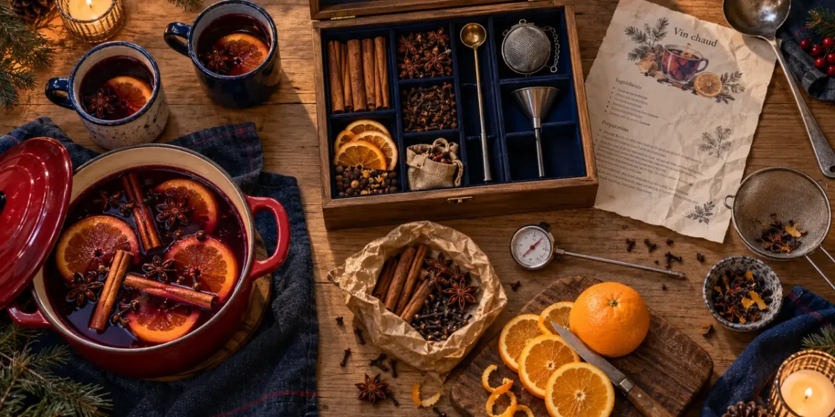 Coffret vin chaud avec épices, thermomètre et orange, à vérifier avant d’offrir