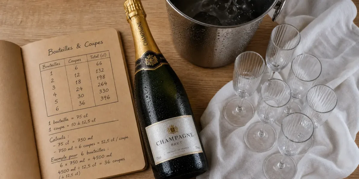 Combien de champagne par personne : 6 flûtes par bouteille de champagne sur table