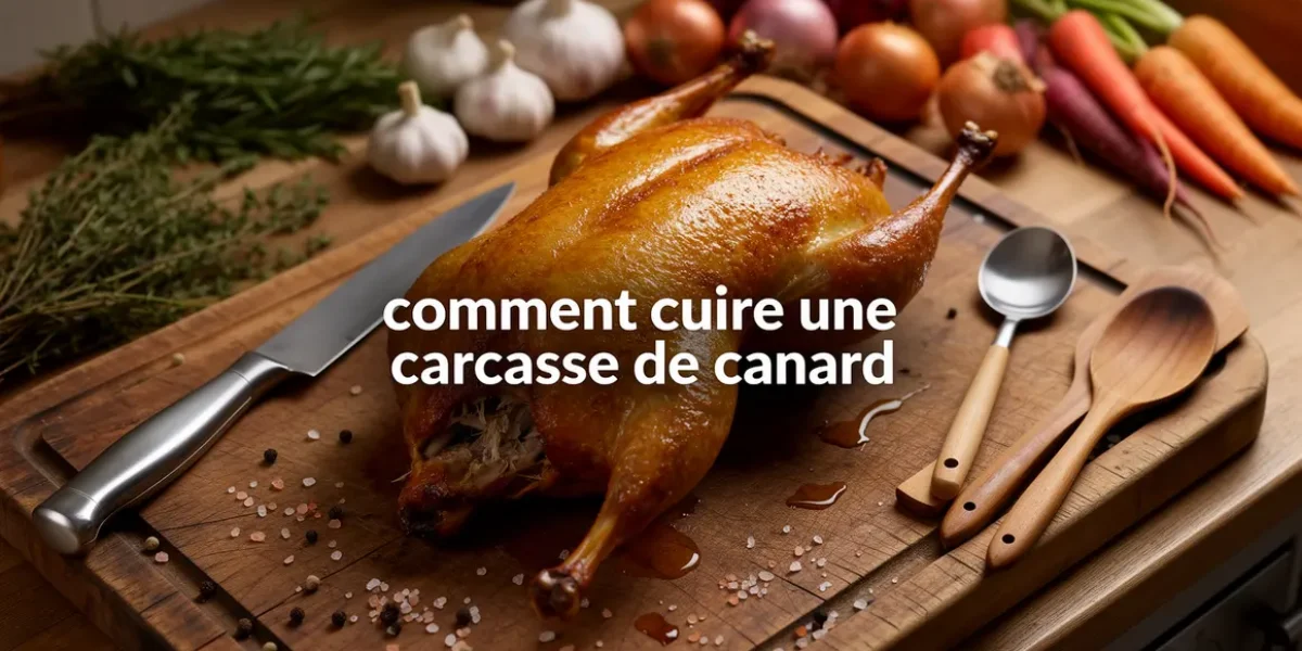 carcasse de canard dorée sur planche bois, accessoires, herbes et legumes