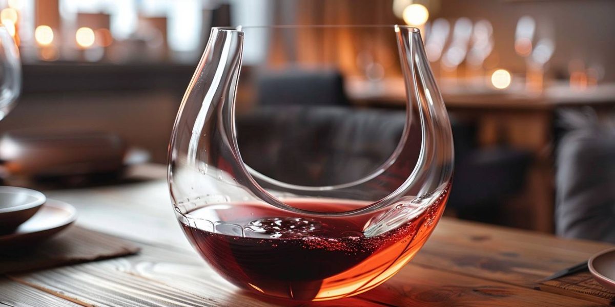 décanter un vin : une carafe avec du vin rouge en train d'être versé