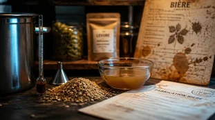 Comment est fait la bière : cuve inox, grains d’orge, moût et thermomètre de brassage