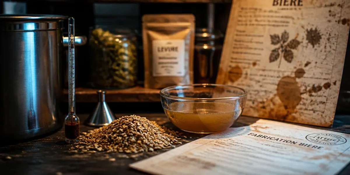 Comment est fait la bière : cuve inox, grains d’orge, moût et thermomètre de brassage
