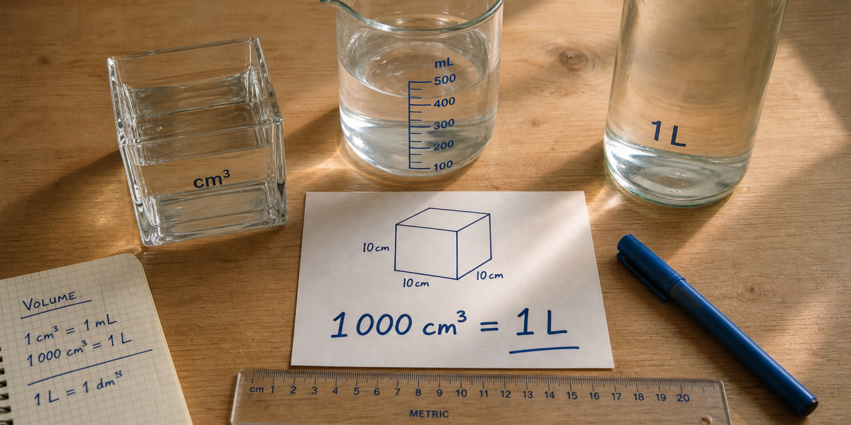 Conversion cm3 en l : schéma 1 000 cm³ = 1 L, bécher et bouteille 1 L