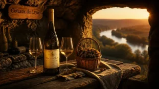 Coteau du layon region : Chenin angevin en cave troglodytique, bouteilles et raisins botrytisés