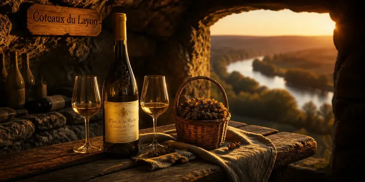 Coteau du layon region : Chenin angevin en cave troglodytique, bouteilles et raisins botrytisés