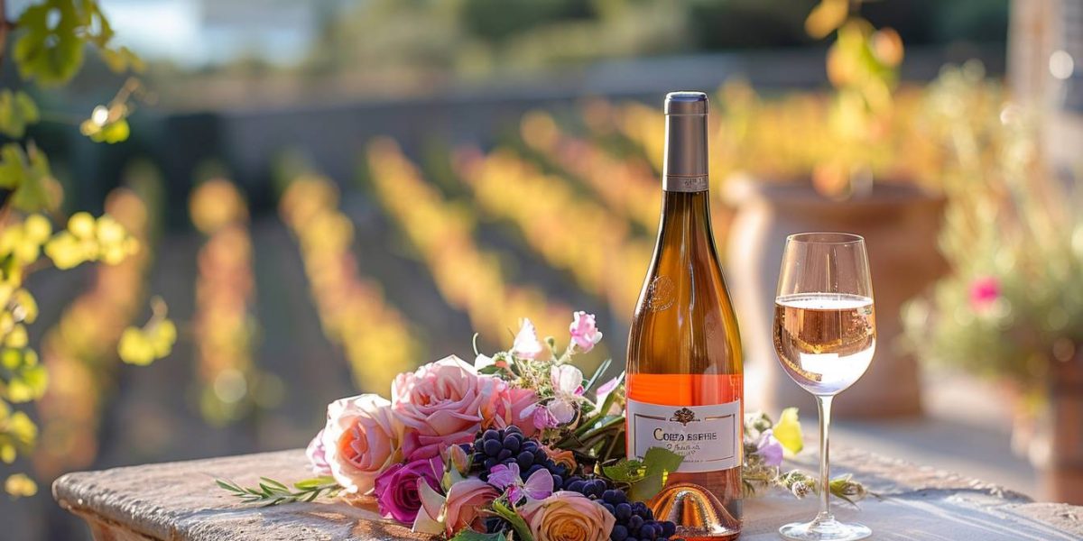 vin rosé de Provence : verre de vin rosé de Provence avec paysage de vignoble en arrière-plan